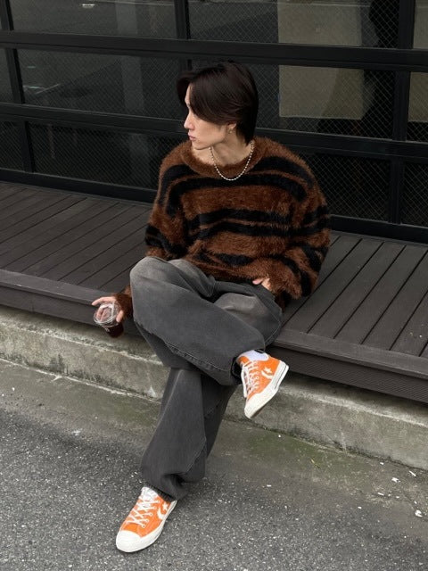 受注制【Chikashitsu +】hairy border knit (3color) / 【チカシツプラス】ヘイリーボーダーニット