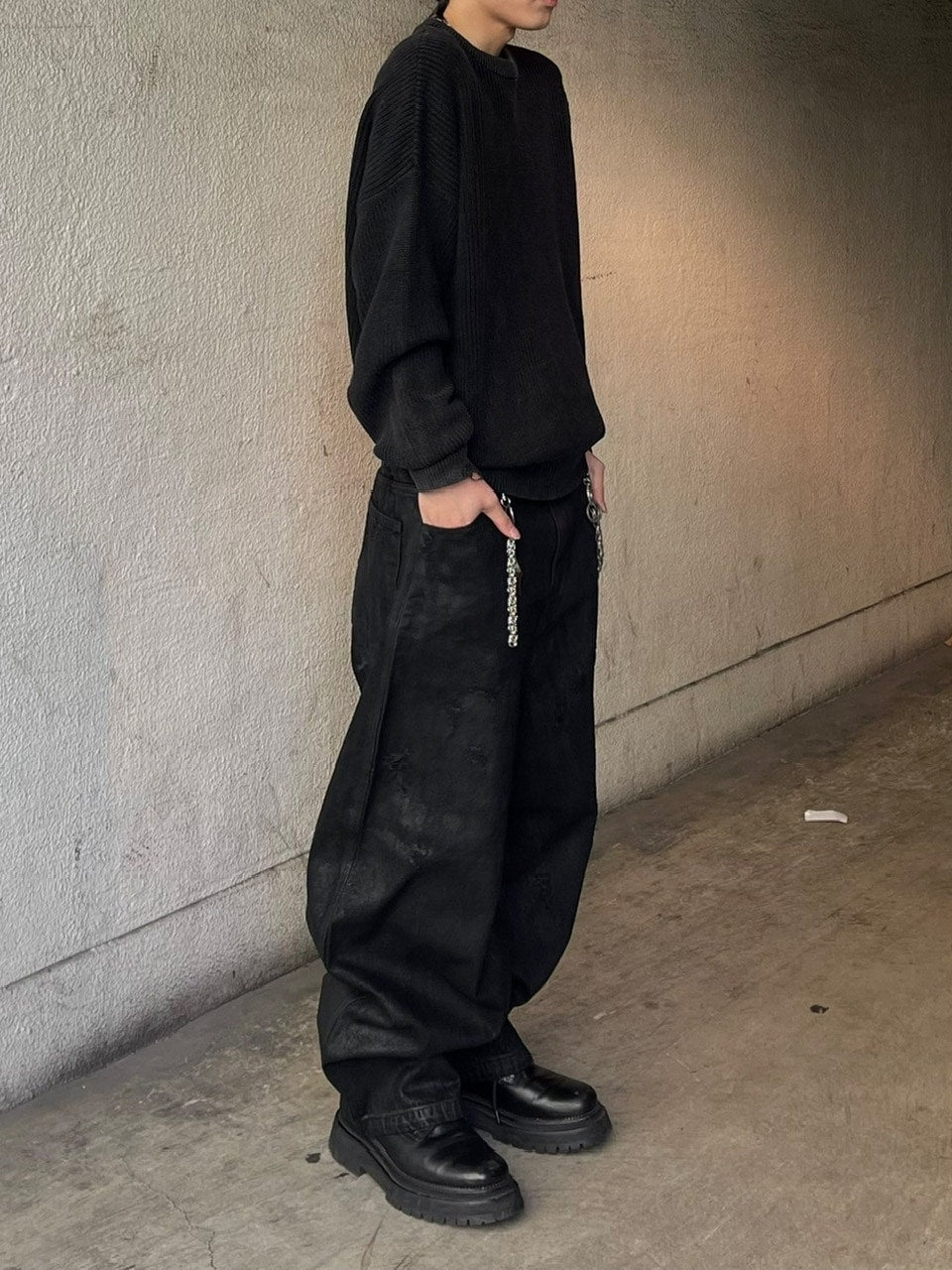 受注制【Chikashitsu +】coating damage wide denim pants / 【チカシツプラス】コーティングダメージワイドデニムパンツ