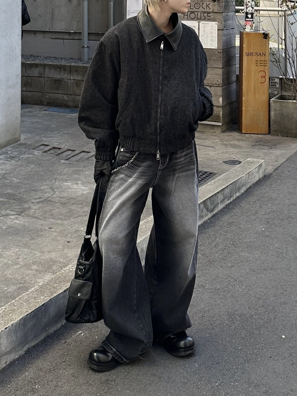 大阪店WEB限定【Chikashitsu +】cropped leather collar denim jacket