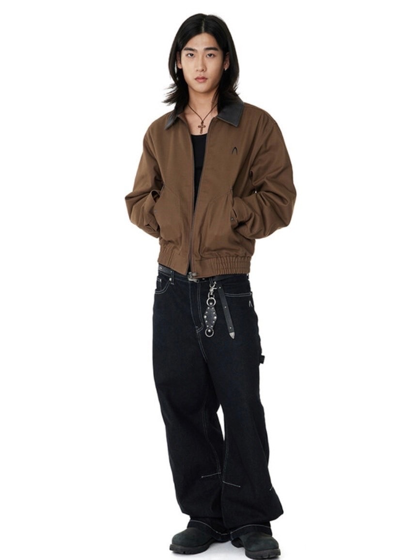 【AAKAM】Contrast Leather Work Jacket