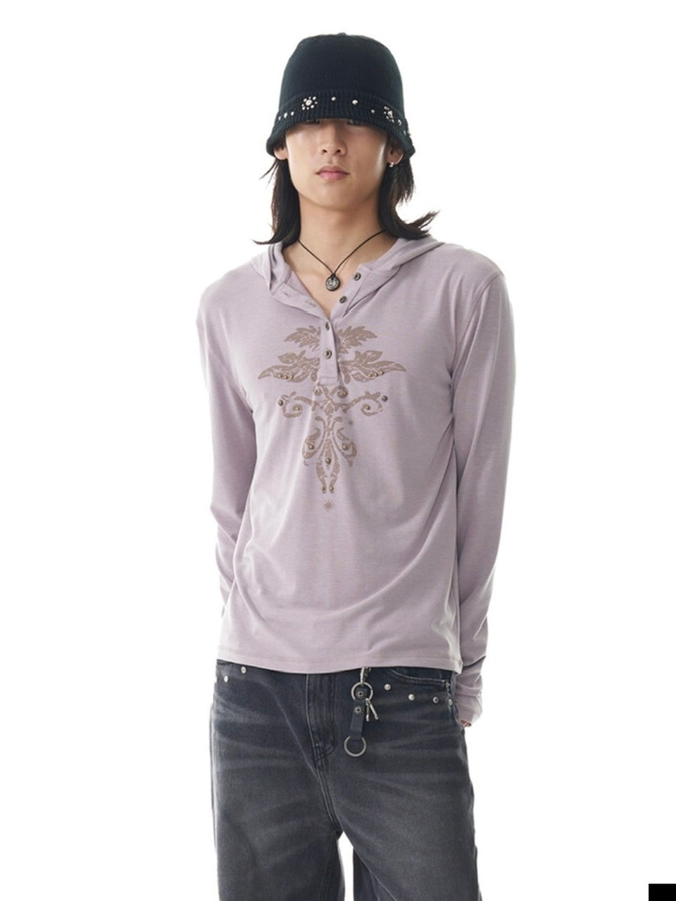 【AAKAM】Studded Leaf Hooded Long Sleeve