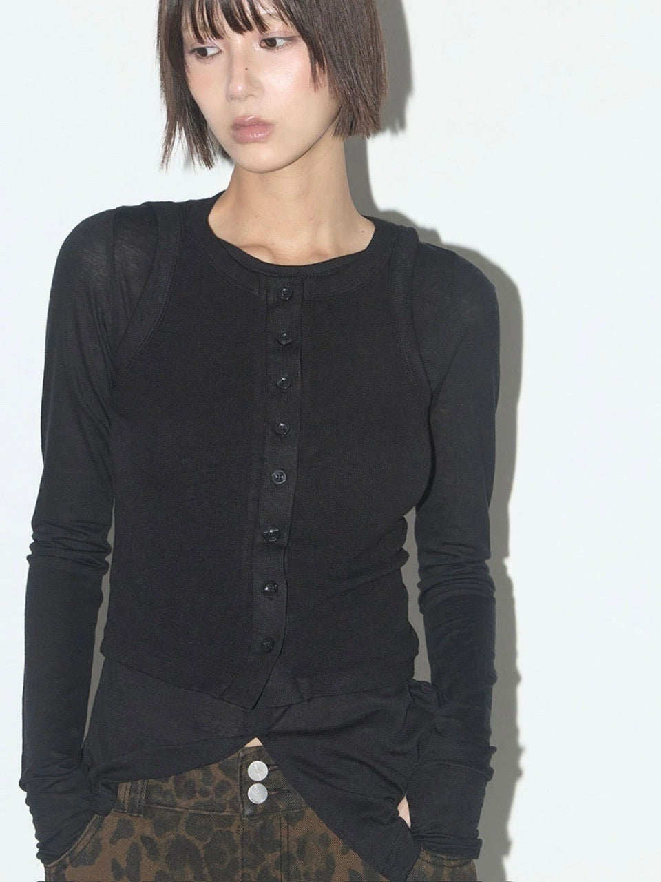 【FANCY CLUB】3-WAY BUTTON LAYERED LONG SLEEVE / 【ファンシークラブ】ボタンベストレイヤード長袖Tシャツ