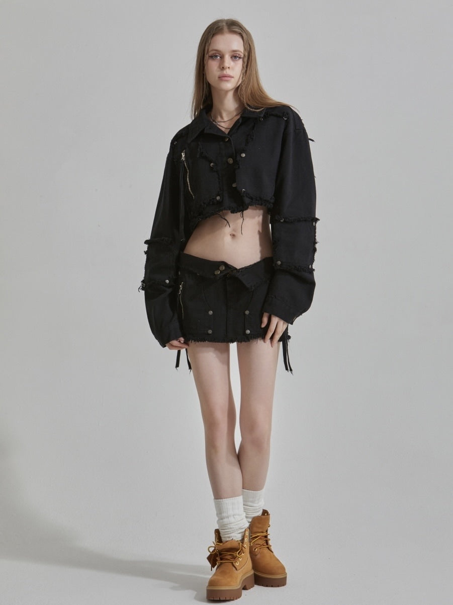 【GATELESS】RIVET FRINGE DENIM MINI SKIRT