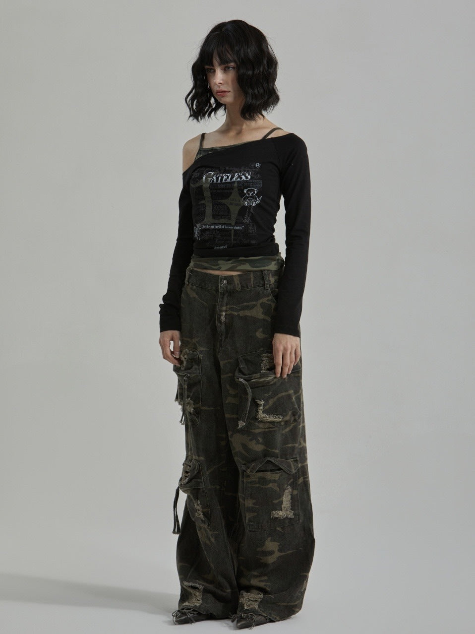 【GATELESS】CAMOUFLAGE LAYERED ONE SHOULDER T-SHIRT