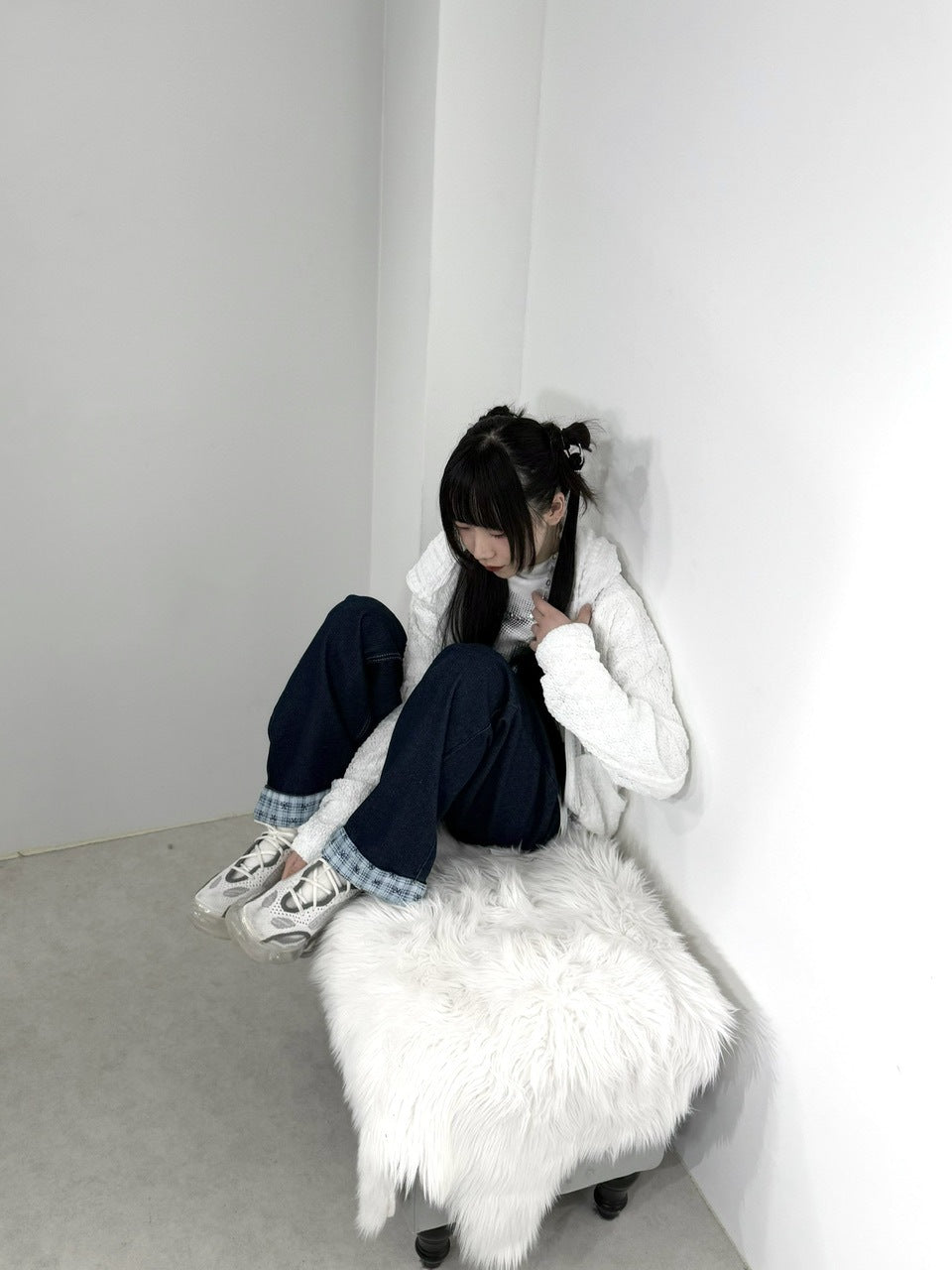 国際配送【Nerd out XU】design check wide denim pants