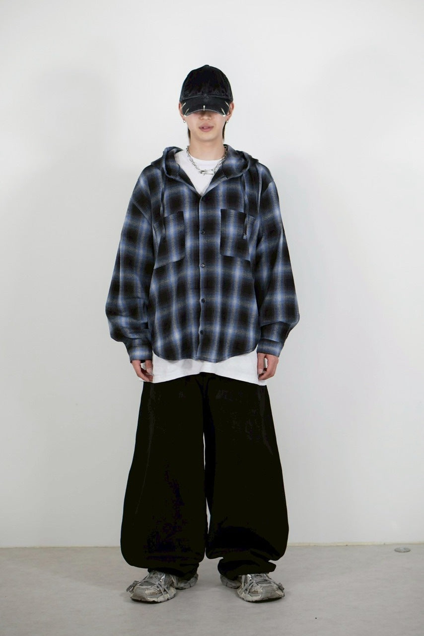 受注制【Chikashitsu +】tartan check hooded shirt (3color) / 【チカシツプラス】タータンチェックフード付き長袖シャツ