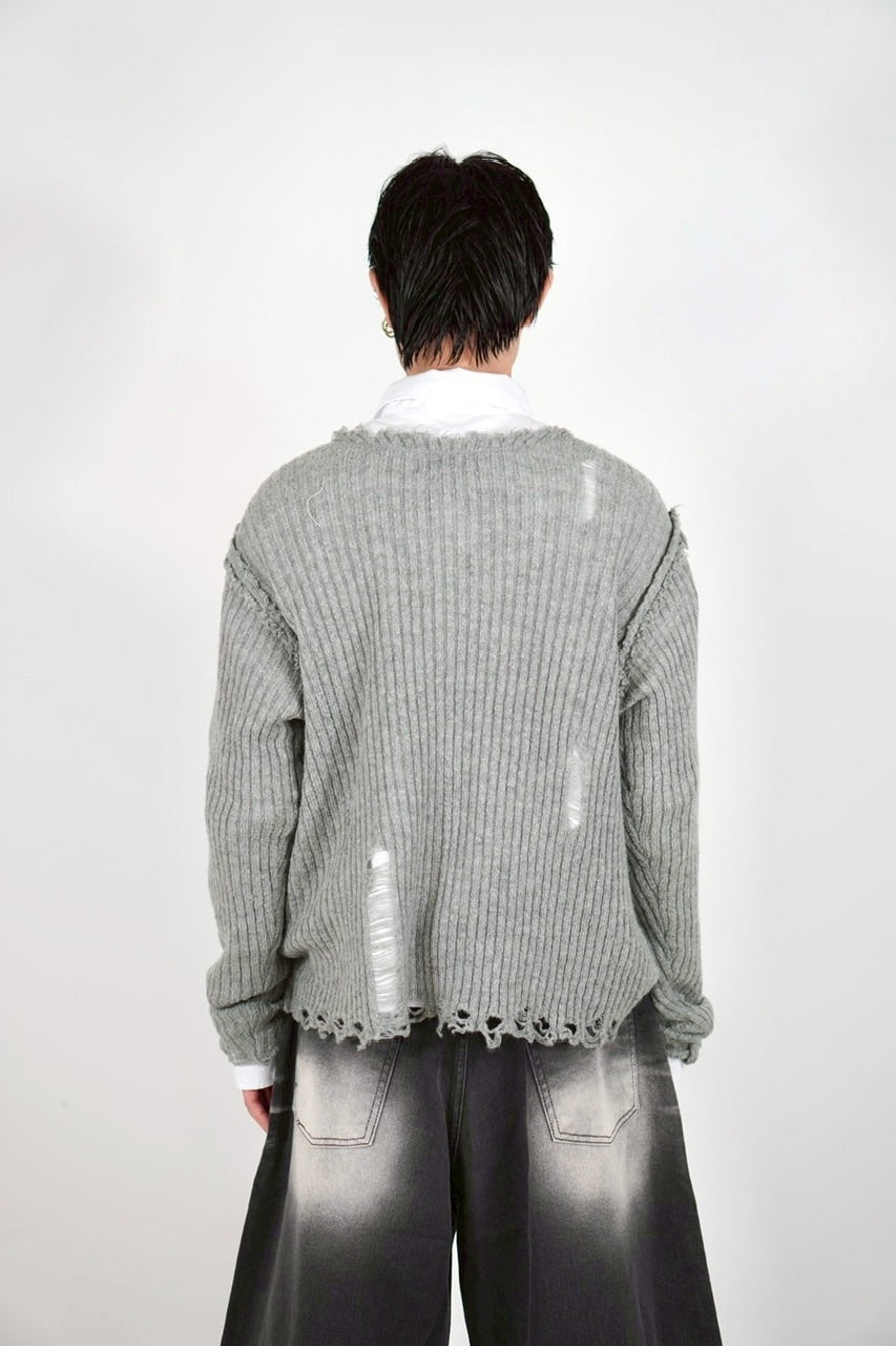 【Chikashitsu +】damage reverse v neck knit (3color) / 【チカシツプラス】リバースVネックダメージニット