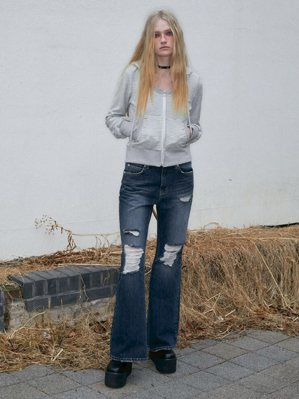 【NOT KNOWING】U Neck Stripe Hood Zip Up