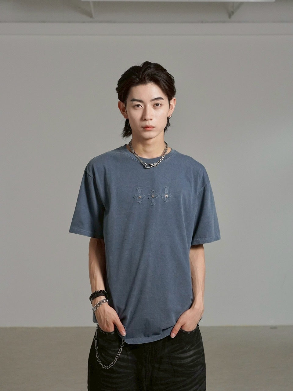 受注制【Chikashitsu +】pigment cross point t-shirt (2color) / 【チカシツプラス】ピグメントクロスポイント半袖Tシャツ