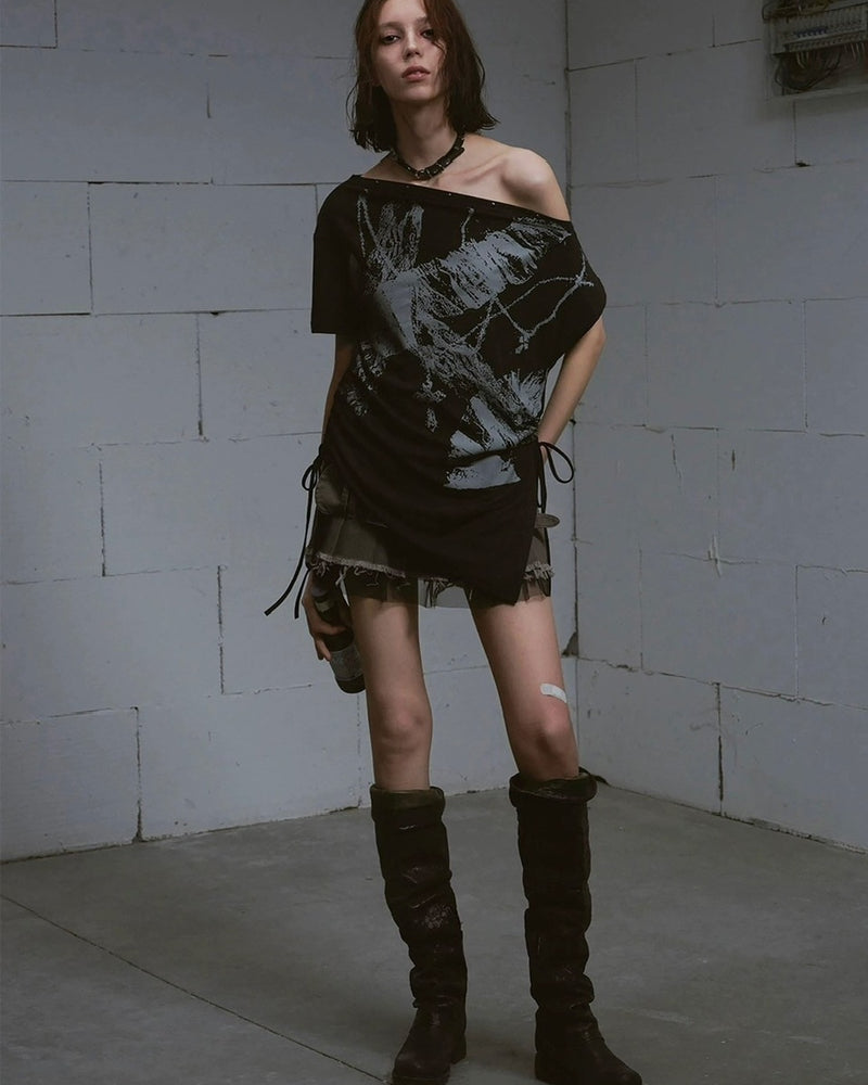 【Cest Nous】Off-shoulder ruched T-shirt / 【セヌー】オフショルダー半袖Tシャツ