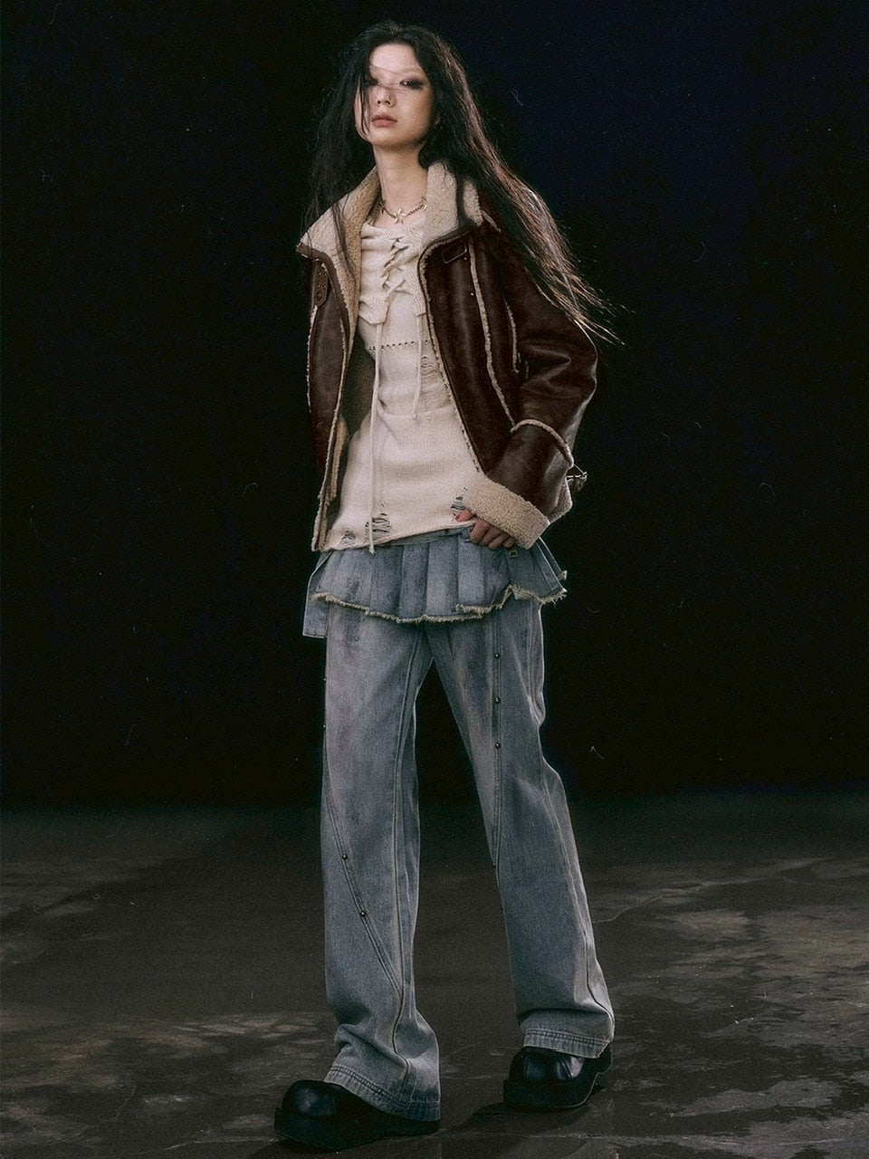 【Cest Nous】Dirty Wash Blue Denim Jeans / 【セヌー】ダーティーウォッシングスカートレイヤードデニムパンツ