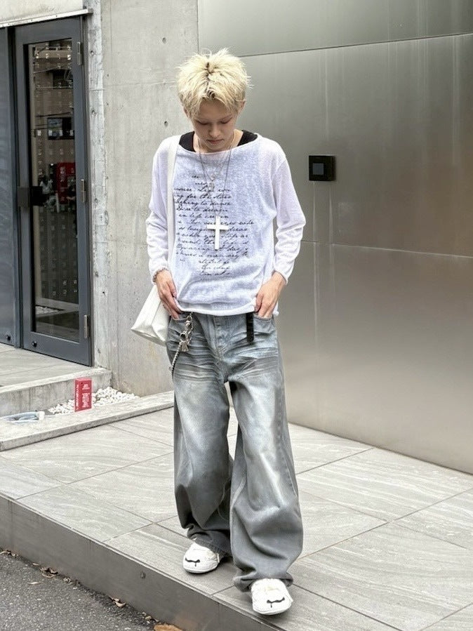 受注制【nmtc +】see through lettering long sleeve (3color) / 【エヌエムティーシープラス】シースルーレタリングプリント長袖Tシャツ