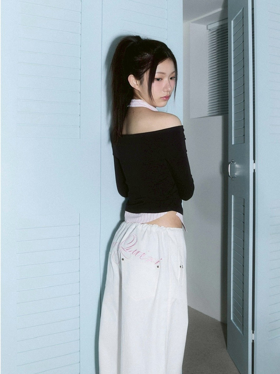 【CHERRYQUIRI】shirts layered off shoulder top