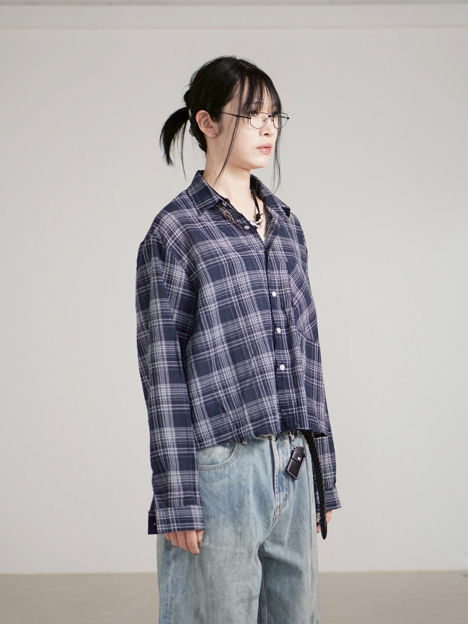 受注制【Chikashitsu +】cropped linen check shirt (3color