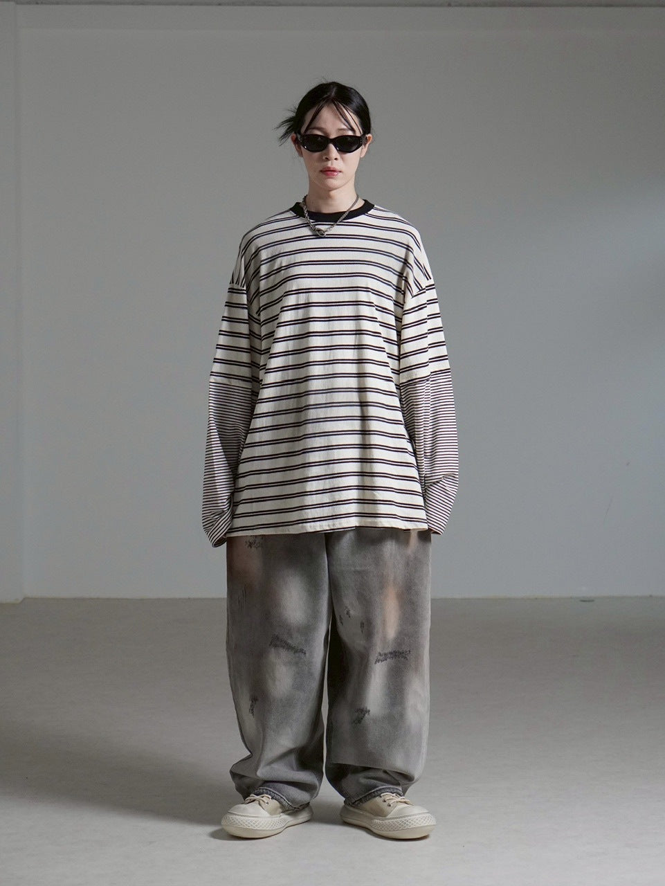 【Chikashitsu +】oversized layered border washed long sleeve / 【チカシツプラス】オーバーサイズウォッシュドレイヤードボーダー長袖Tシャツ(2color)