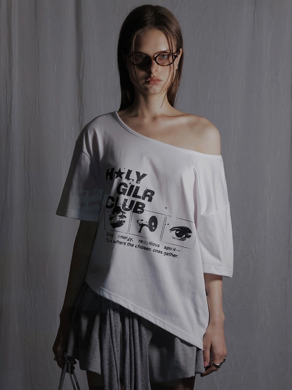 【HOLY NUMBER 7】OFF-SHOULDER HOLY GIRL CLUB GRAPHICS SHORT-SLEEVED T-SHIRT/ 【ホーリーナンバーセブン】オフショルダープリント半袖Tシャツ