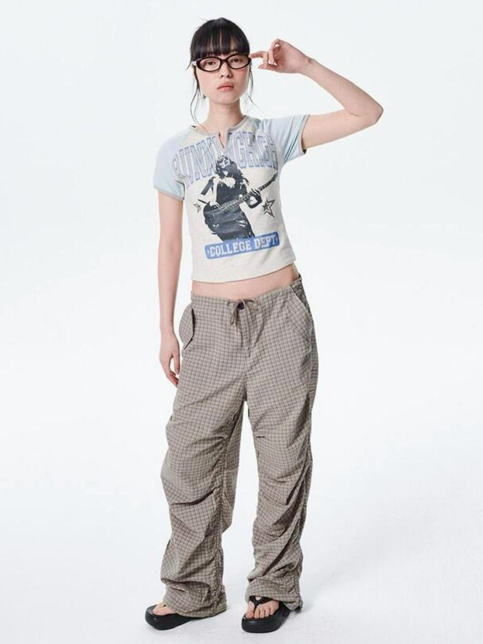 【runningHIGH】CHECK SHIRRING PARACHUTE PANTS