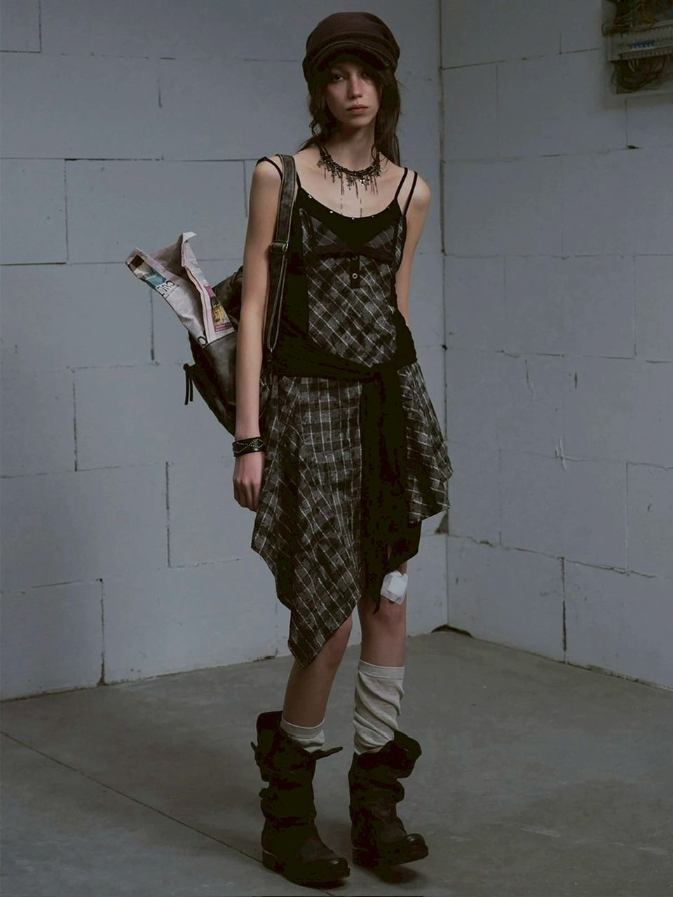 【Cest Nous】Plaid tie-strap camisole dress / 【セヌー】プリーツグレンチェックストラップキャミワンピース