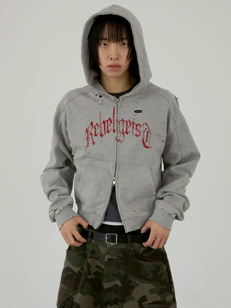 【ANOTHERYOUTH】damaged crop zip-up hoodie