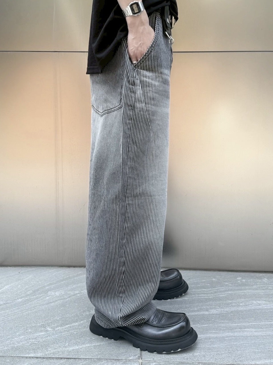 受注制【nmtc +】stripe wash wide denim pants (2color) / 【エヌエムティーシープラス】ストライプボーダーウォッシュワイドデニムパンツ