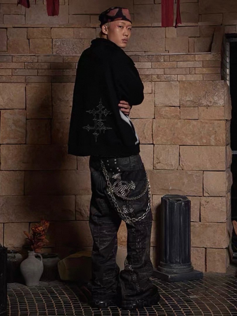 【DND4DES】LEATHER CROSS SPLICING PRINTED JEANS