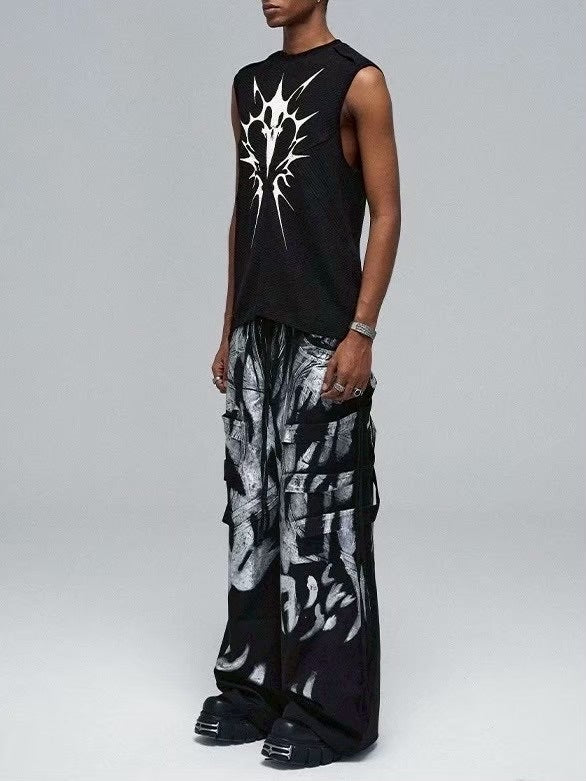 【DND4DES】 MULTI-LAYERED STRIPED GRAFFITI CARGO PANTS