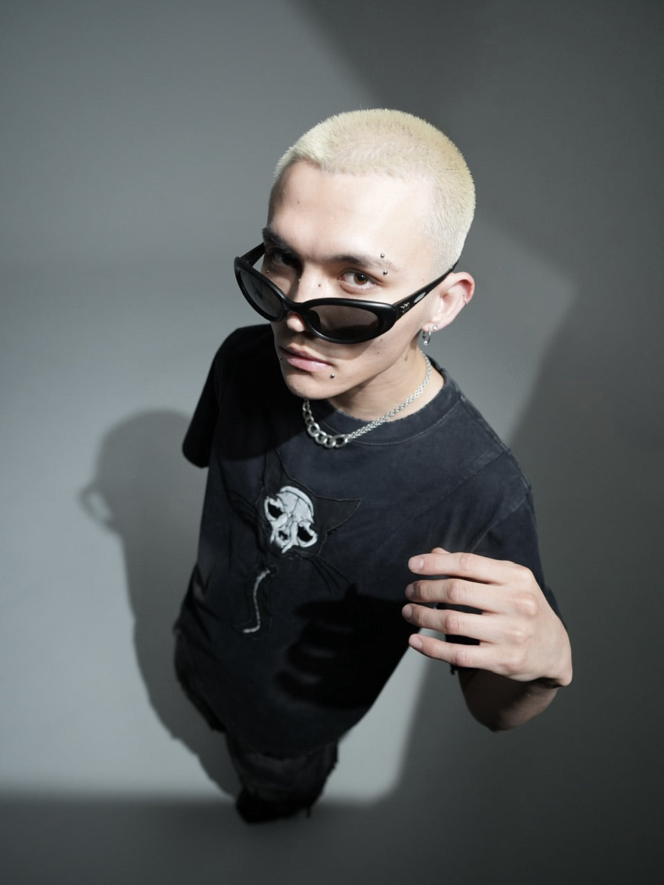 【CHIKASHITSU PLUS HIGH】Destroy skull cat T-shirt (black)