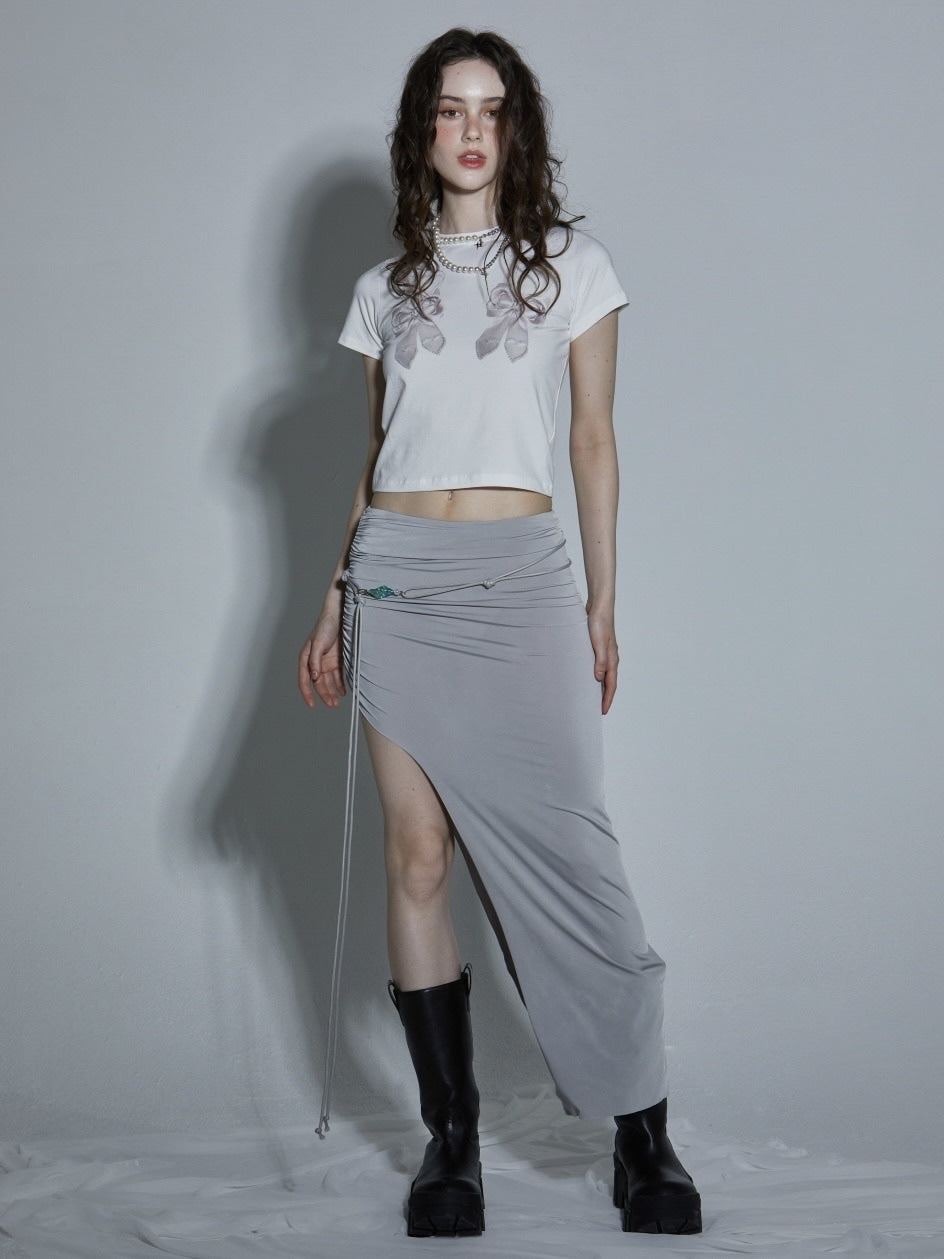 【GATELESS】RIBBON PRINT LOGO CROPPED T-SHIRT / 【ゲートレス】リボンプリントロゴクロップド半袖Tシャツ