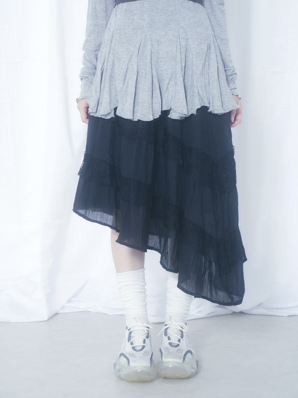 国際配送【Nerd out XU】unbalance long frill skirt (3color) / 【ナードアウトエックスユー】アンバランスロングフリルスカート