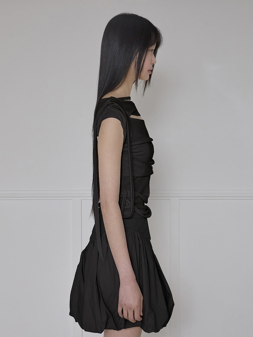 【FLAREUP】Asymmetrical Draped Strap Roll-Up T-Shirt