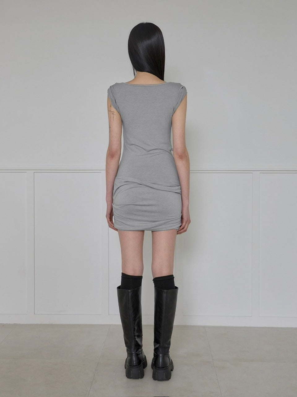 【FLAREUP】Asymmetrical Draped Strap Roll-Up Dress