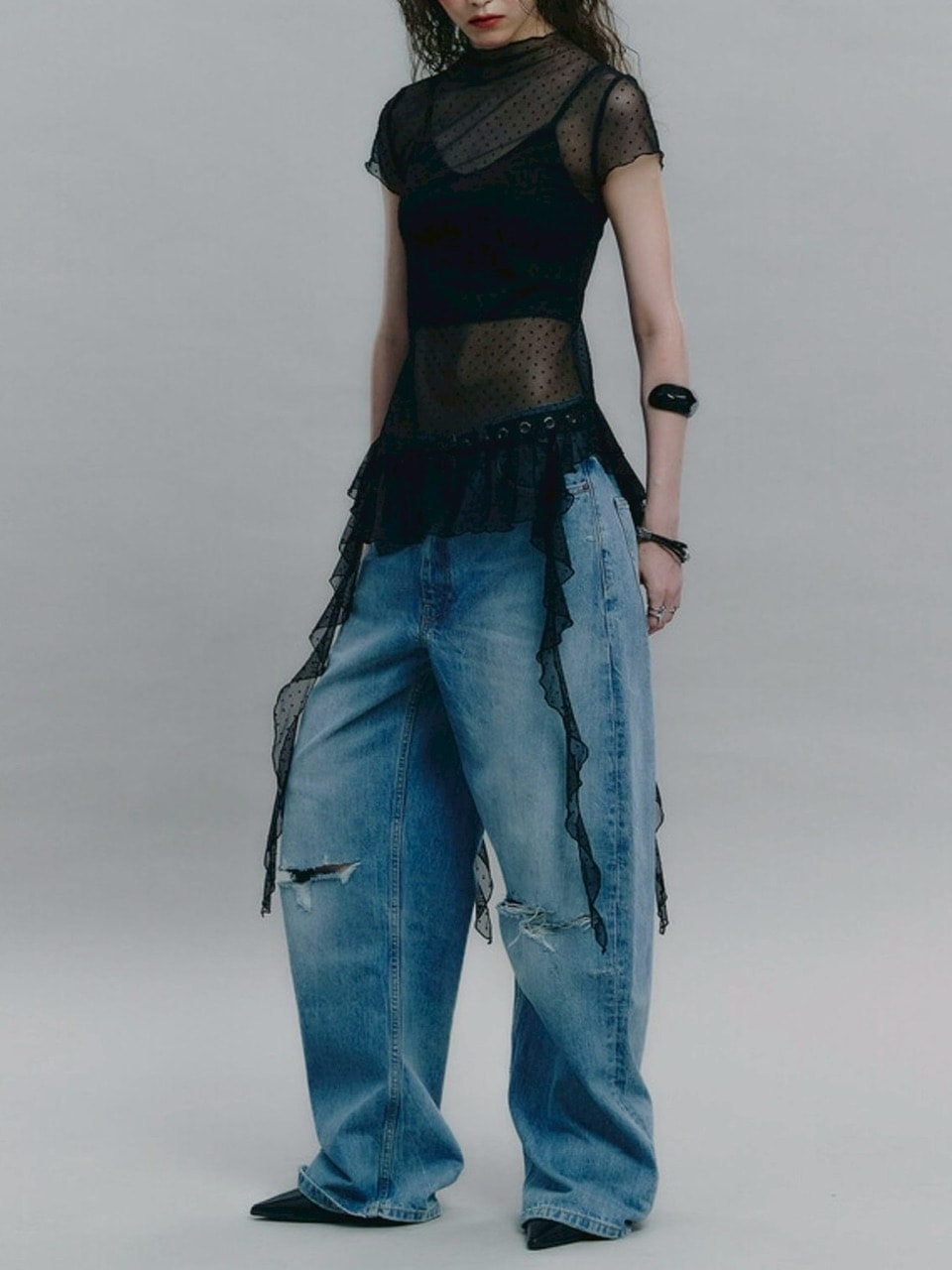 【NOT KNOWING】Dot Mesh Ruffle Top / 【ノットノーイング】ドットメッシュラッフル半袖Tシャツ