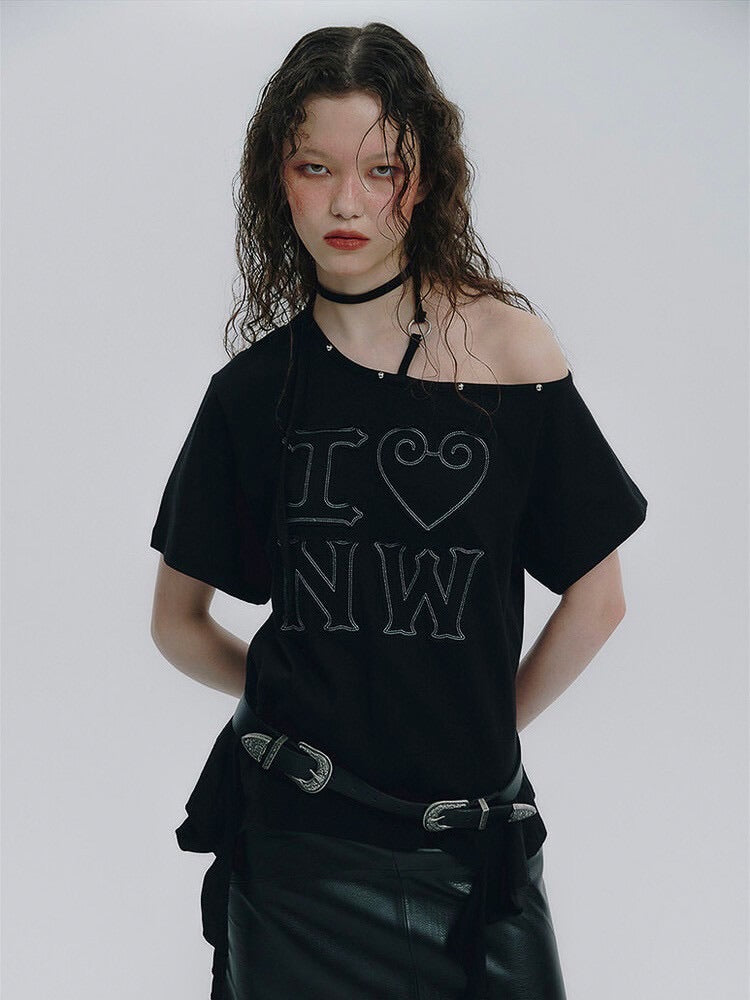 【NOT KNOWING】One Shoulder I LOVE Ruffle Top / 【ノットノーイング】ワンショルダーアイラブラッフル半袖Tシャツ