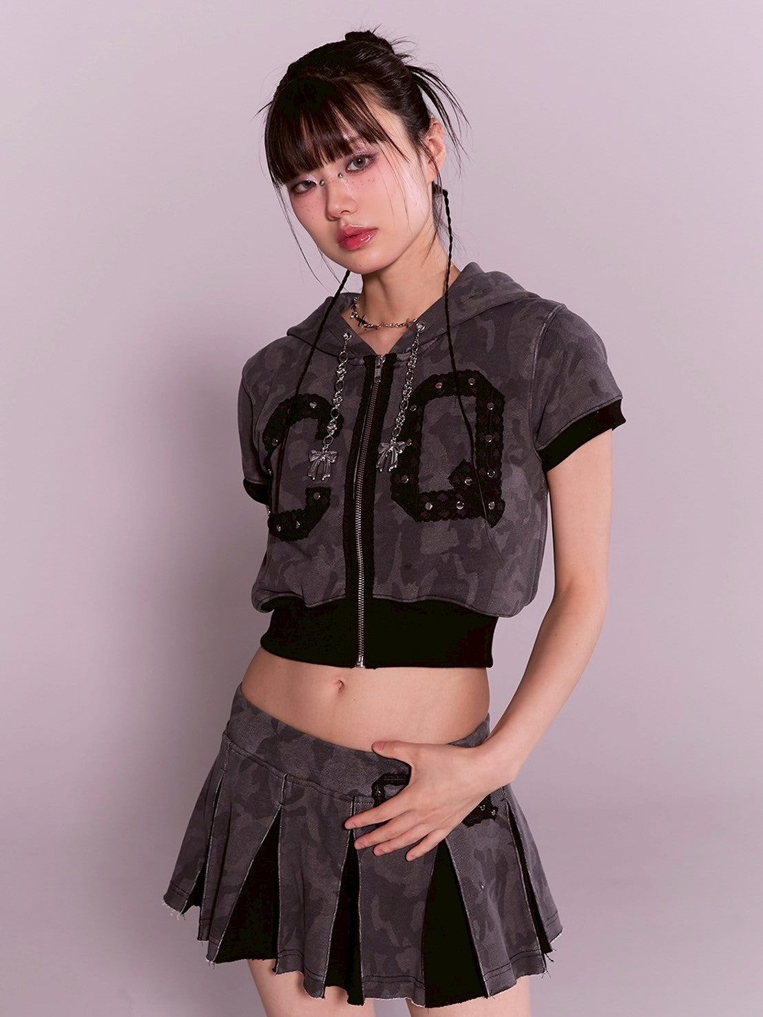 【CHERRYQUIRI】CQ lace stud hood zip-up