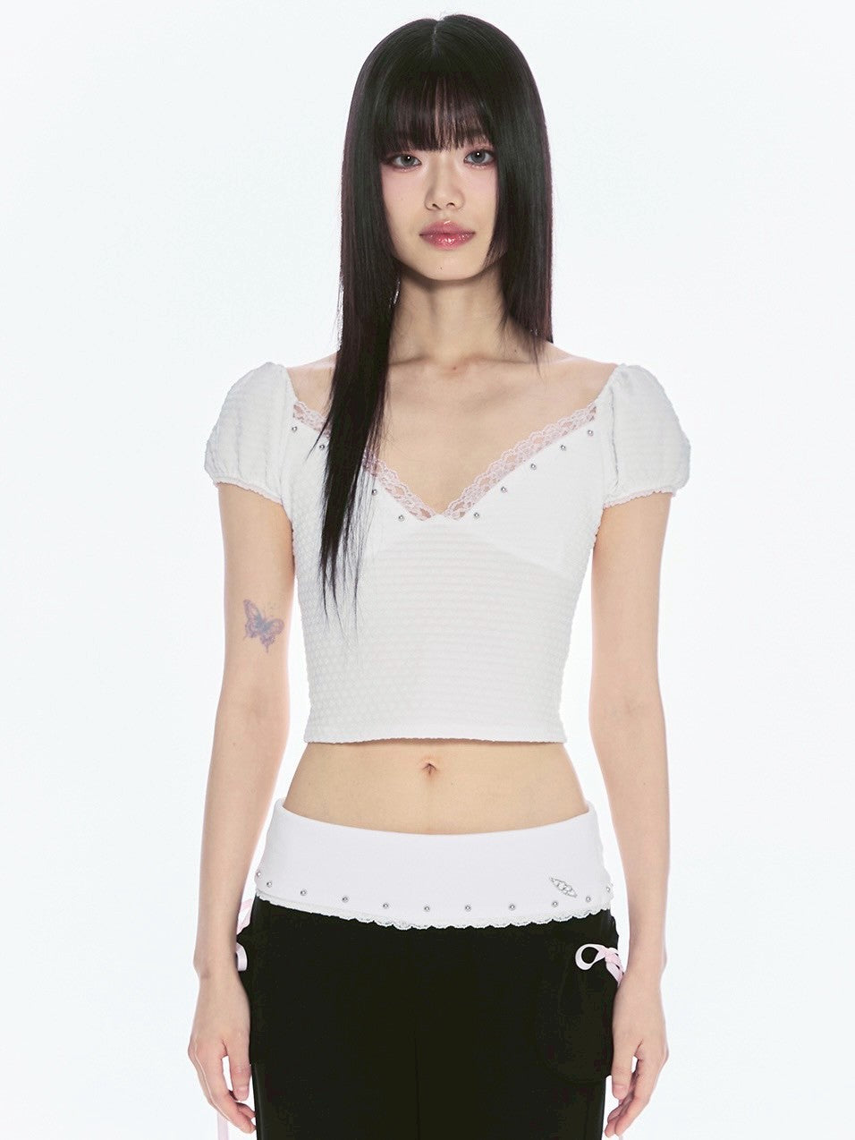 【CHERRYQUIRI】floral lace puff tee