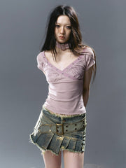 【Cest Nous】Gold-Foil Printed Skort / 【セヌー】ベルトプリーツデニムミニスカートパンツ