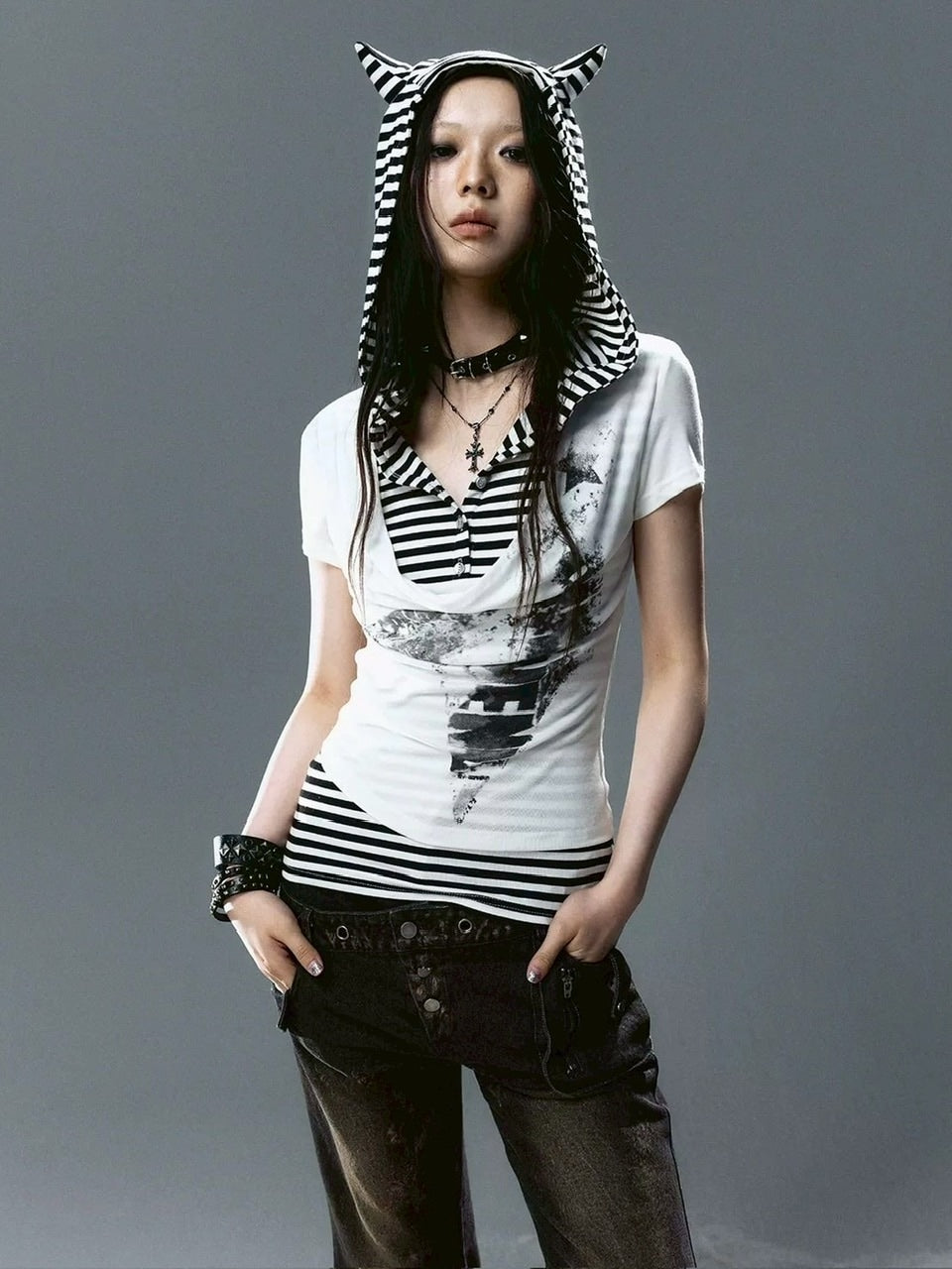 【Cest Nous】Striped Cat-Ear Top / 【セヌー】ボーダーレイヤードキャットイヤー半袖Tシャツ