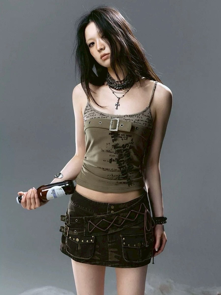 【Cest Nous】Army Green Graffiti Camisole / 【セヌー】グラフィックベルトキャミソール