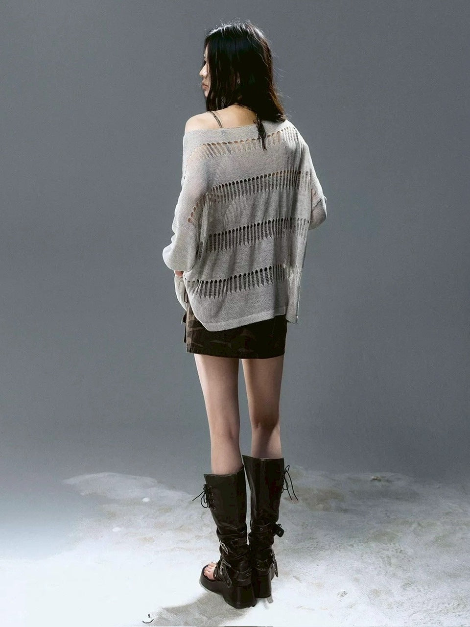 【Cest Nous】Knit Cover-Up / 【セヌー】シースルーボーダーサマーニット長袖Tシャツ