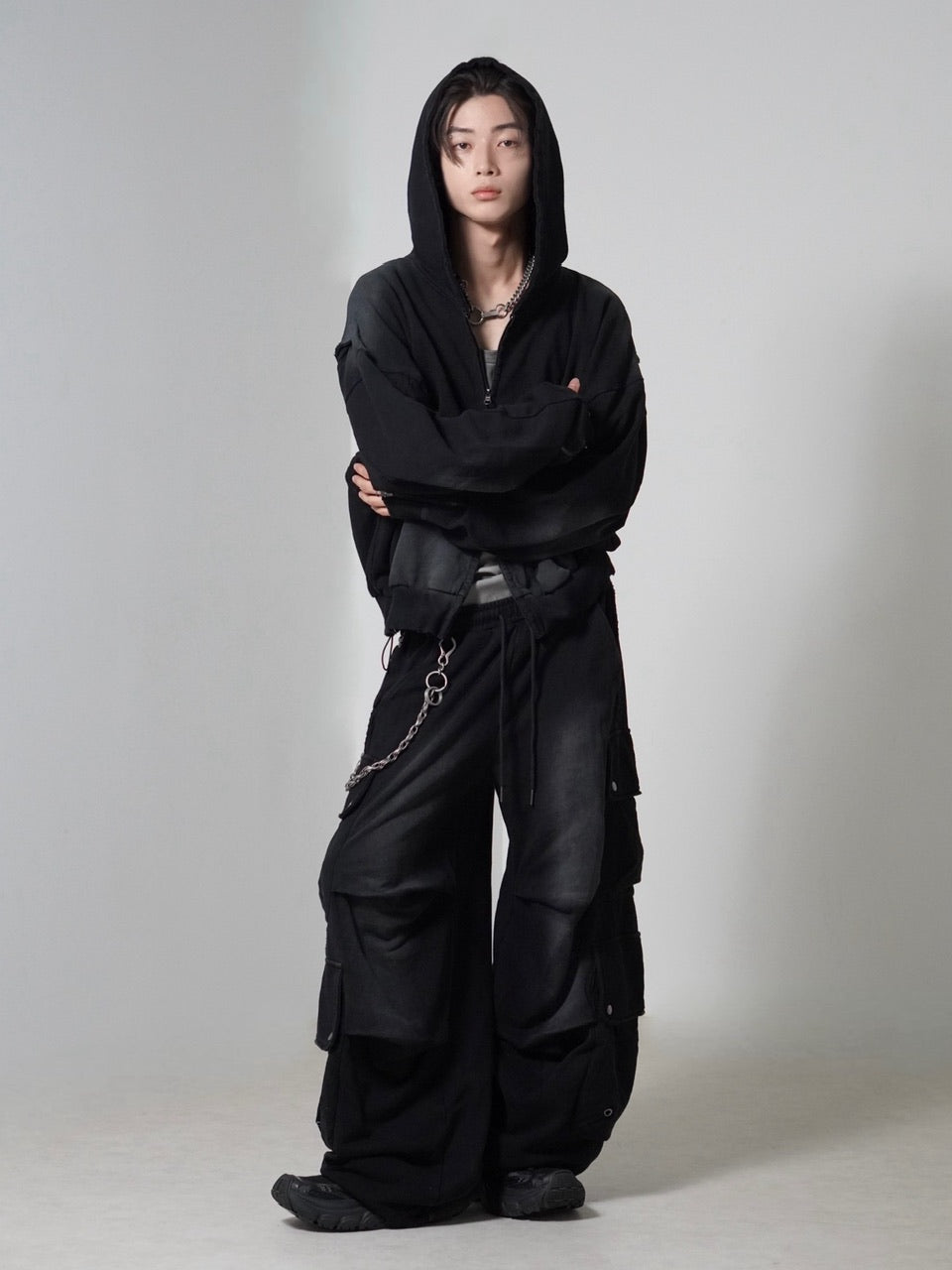 【CHIKASHITSU PLUS HIGH】4 pocket dirty wash sweat cargo pants (wash black) / 【チカシツプラスハイ】マルチポケットダーティーウォッシュスウェットカーゴパンツ