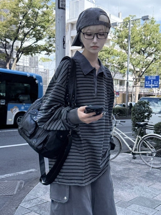 受注制【nmtc +】border long sleeve / 【エヌエムティーシープラス】襟付きボーダー長袖Tシャツ (2color)