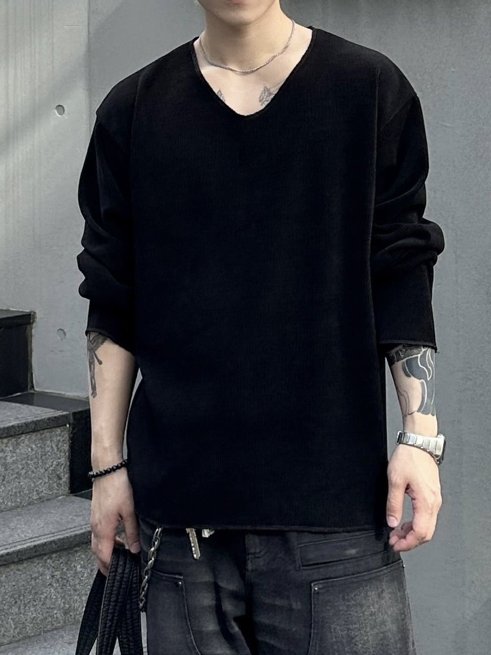 大阪店WEB限定受注制【Chikashitsu +】simple deck v neck knit / 【チカシツプラス】シンプルデッキブイネックニット (3color)