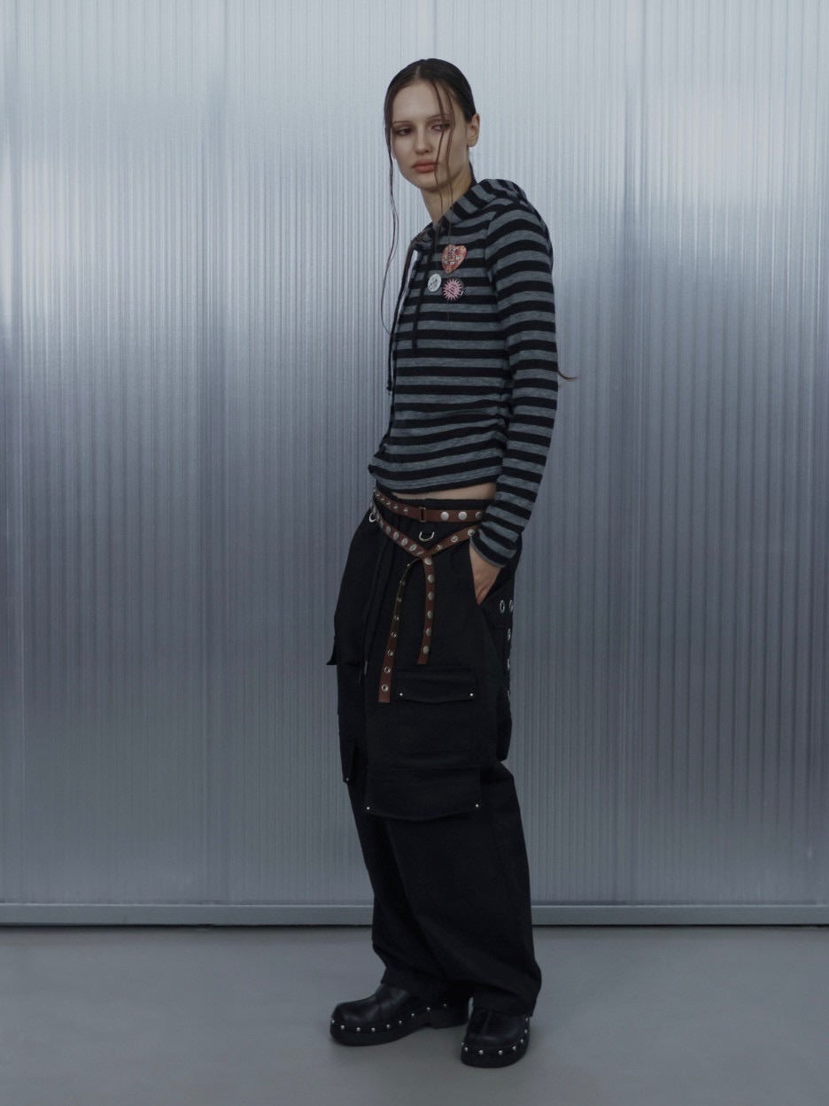 【SETUP‐EXE】BADGE STRIPE HOODED CARDIGAN / 【セットアップエグゼ】バッジストライプフードカーディガン