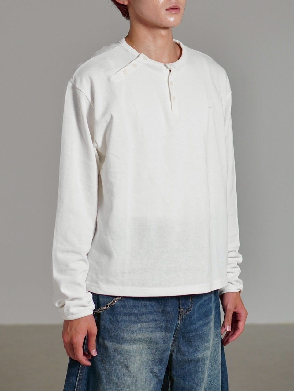 受注制【Chikashitsu +】double button henry neck long sleeve tee / 【チカシツプラス】ダブルボタンヘンリーネック長袖Tシャツ (4color)