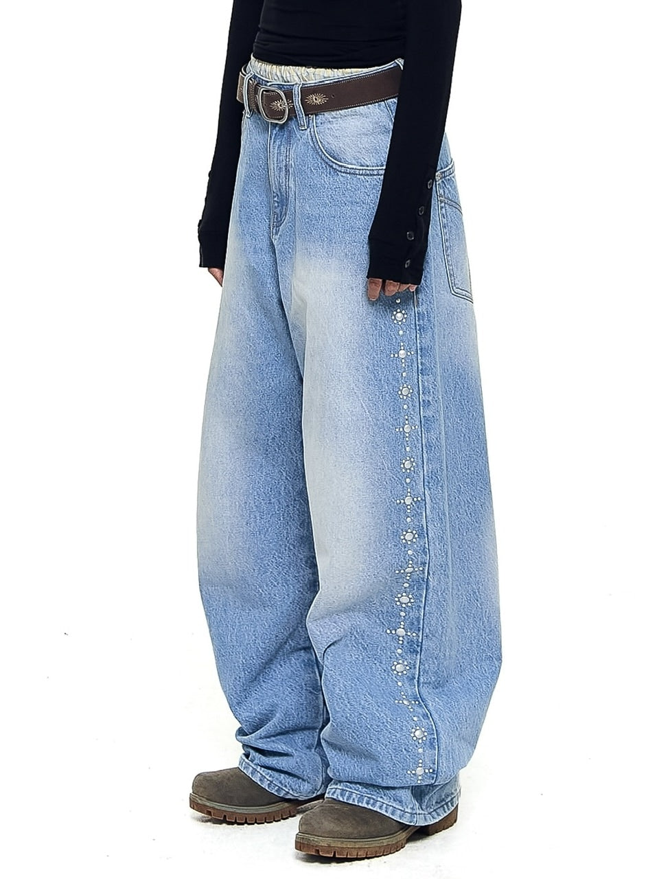 【AAKAM】Side Rhinestone Denim Pants