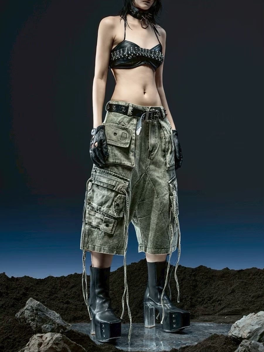 【RICH】Cargo Wide Green Washed Short pants / 【リッチ】ポケットカーゴデニムハーフパンツ