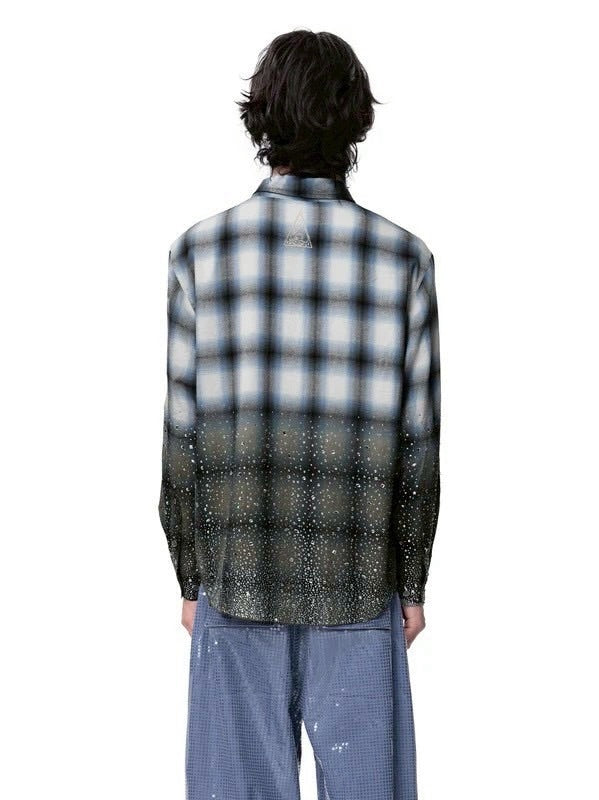 【The Boy Has No Patience】Saint Irregular Hot Diamond Plaid Shirt / 【ザボーイハズノーペーシェンス】ラインストーングラデーション長袖チェックシャツ