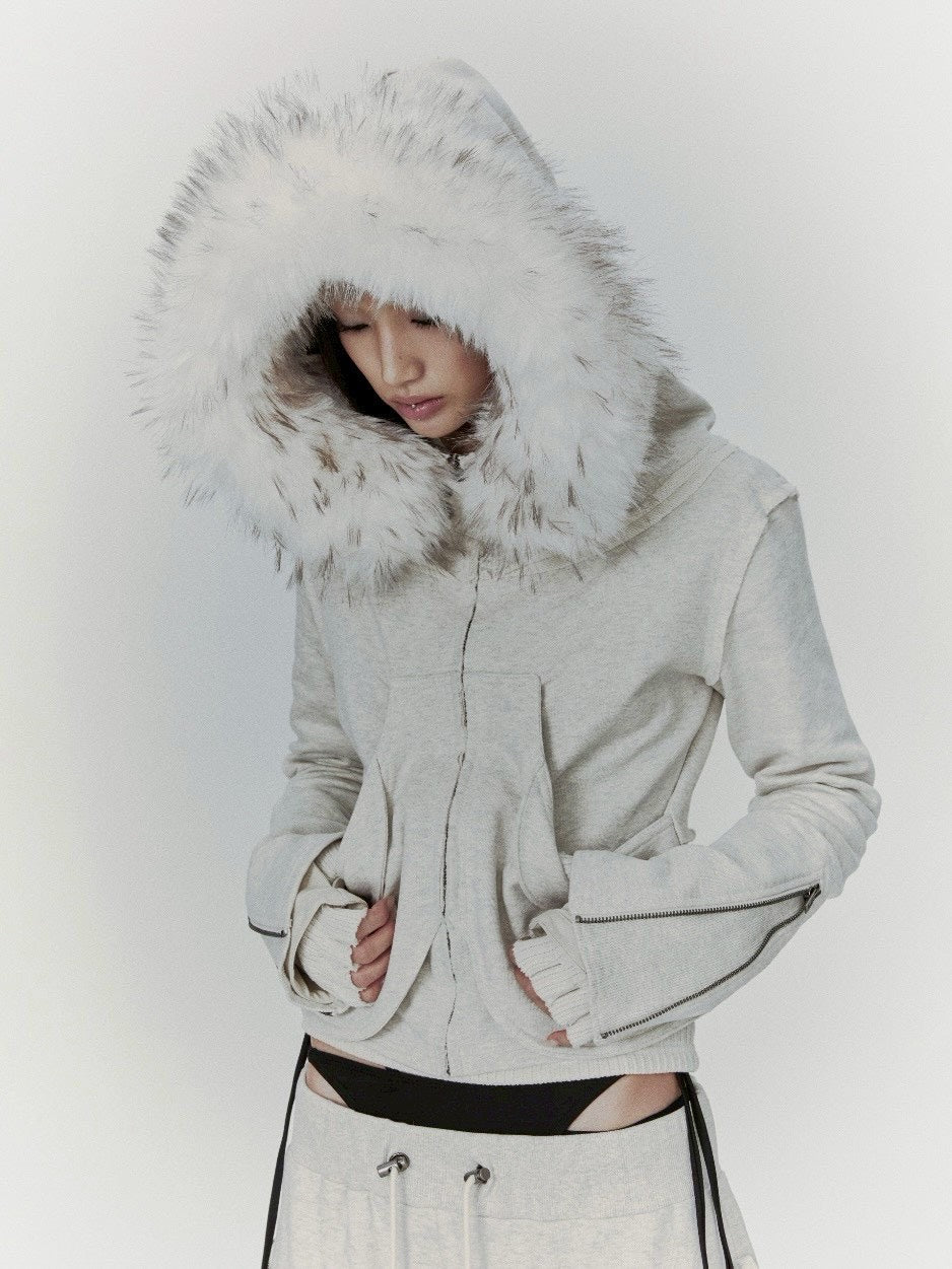 【bonienkiye】Distressed Seam Fur Hood Zip-Up