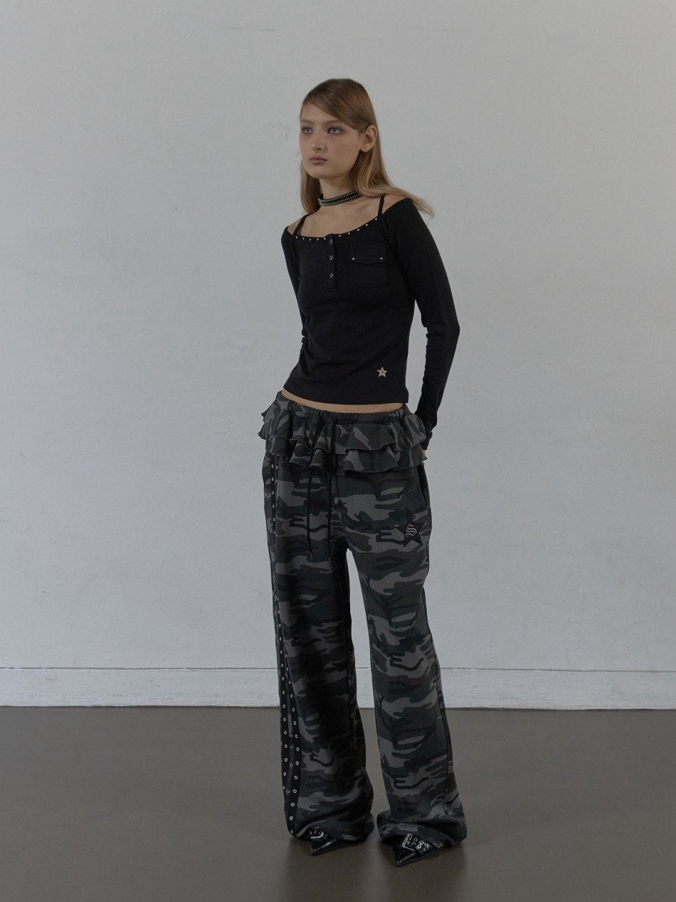 【SETUP‐EXE】FRILL EYELET SWEATPANTS / 【セットアップエグゼ】フリルアイレットサイドラインスウェットパンツ