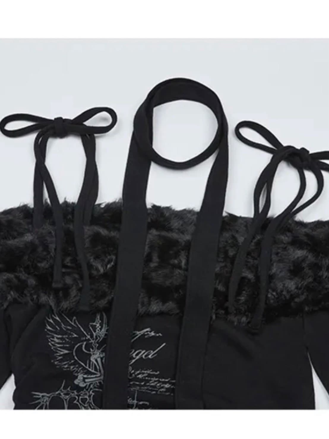 【NOT KNOWING】Fur Off Shoulder Lace Up Top